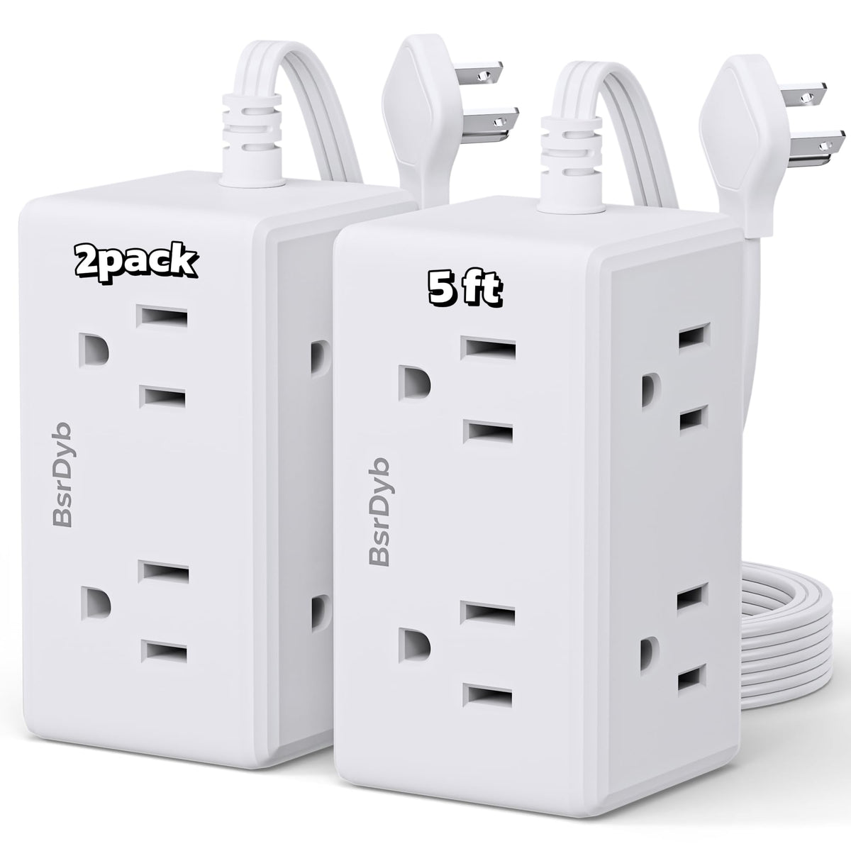 BSRDyb 2-pack 5ft flat plug power strip with six outlets for dorm rooms