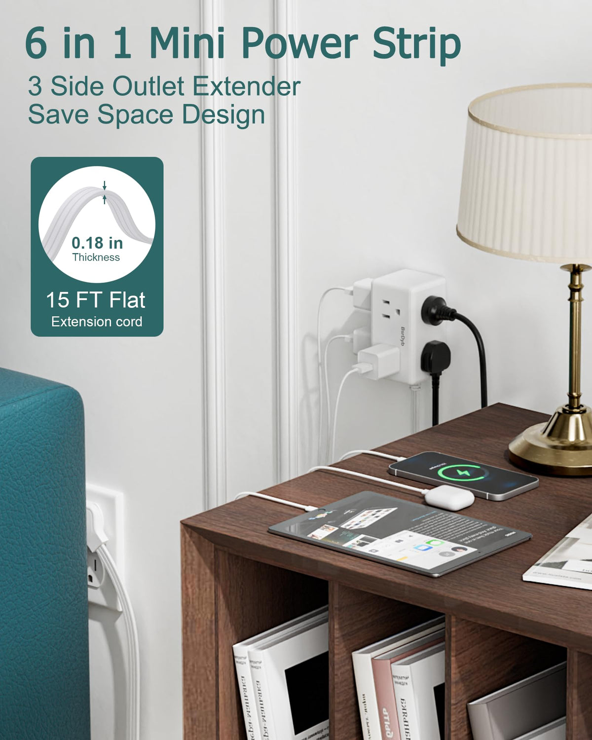 BsrDyb wall-mountable power strip with six outlets, easy to tidy cables.