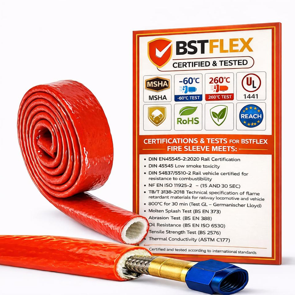 BSTFLEX heat shield fire sleeve protects 12mm hoses and wires from engine heat