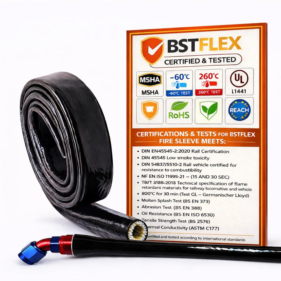 BSTFLEX heat shield fire sleeve protecting automotive hose from heat