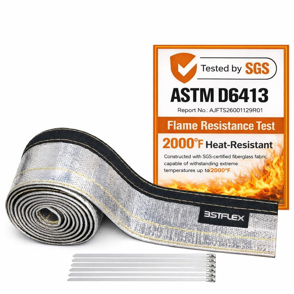 BSTFLEX heat shroud aluminized outer facing protects wiring from extreme heat