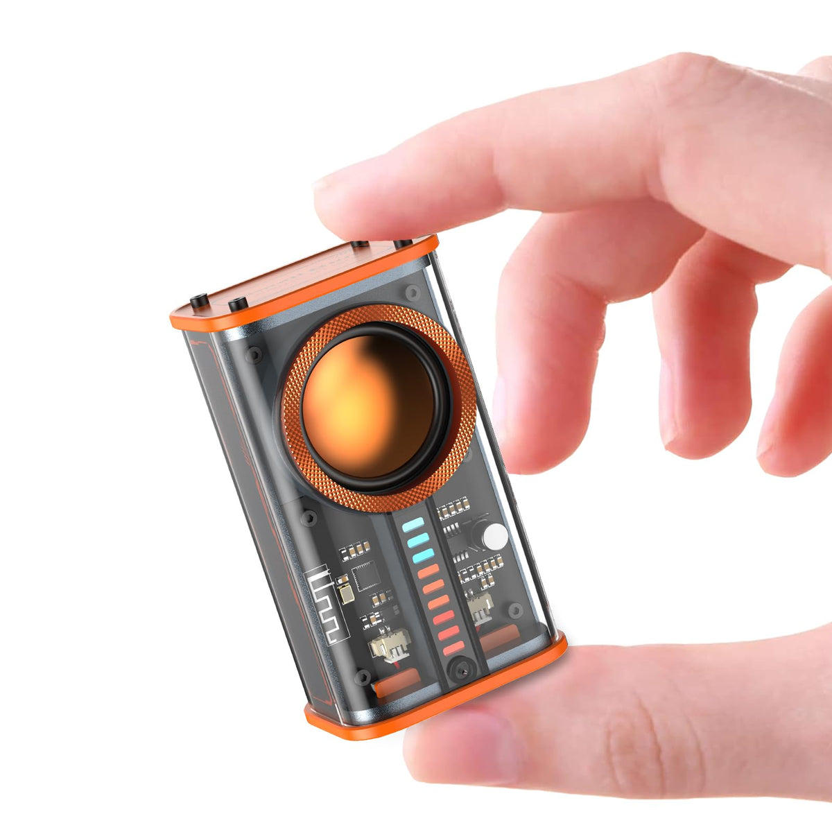 BSZHI transparent speaker front view with colorful LEDs for immersive music at gatherings.