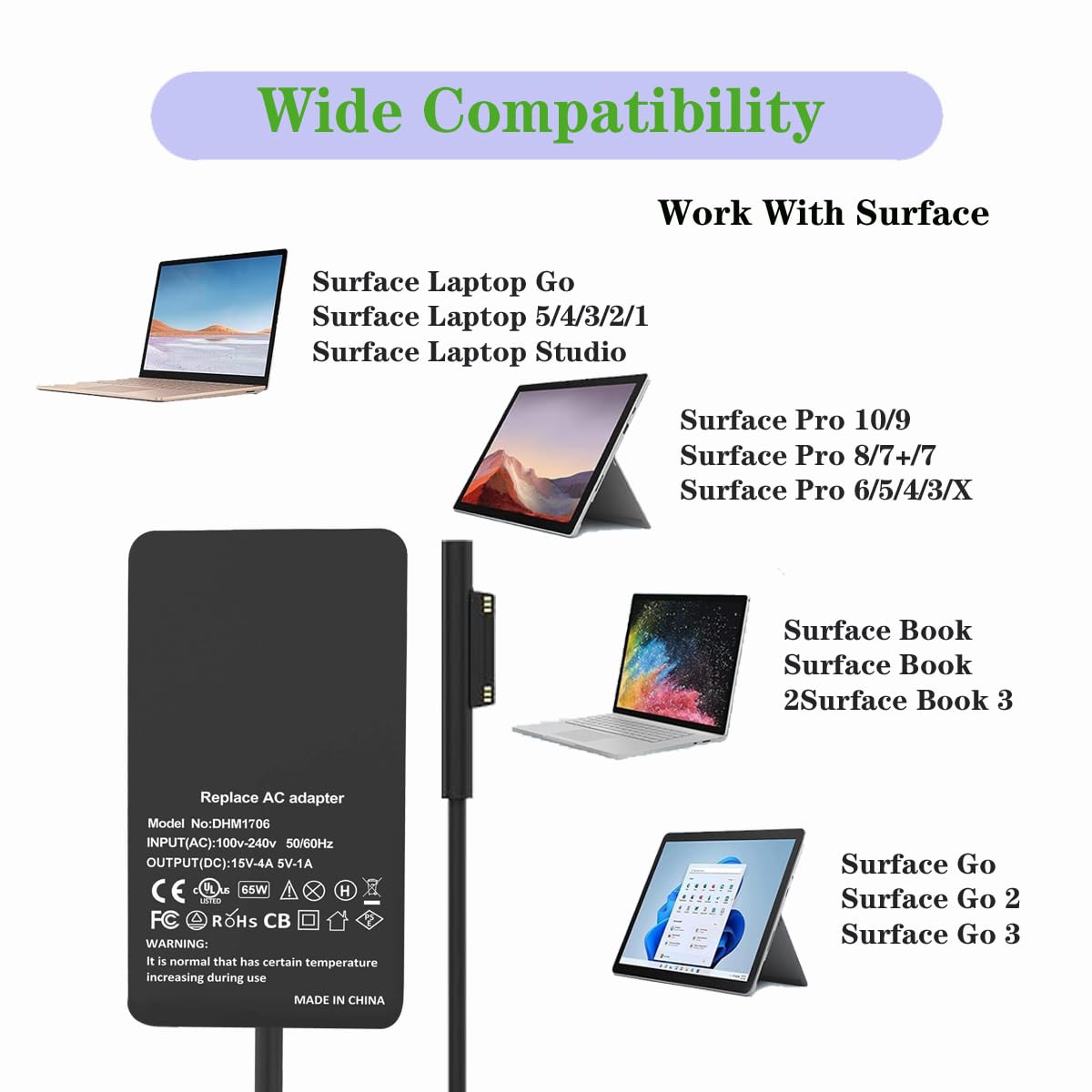 BTBSZ 65W Surface Pro charger with 10-foot cable for flexible setup