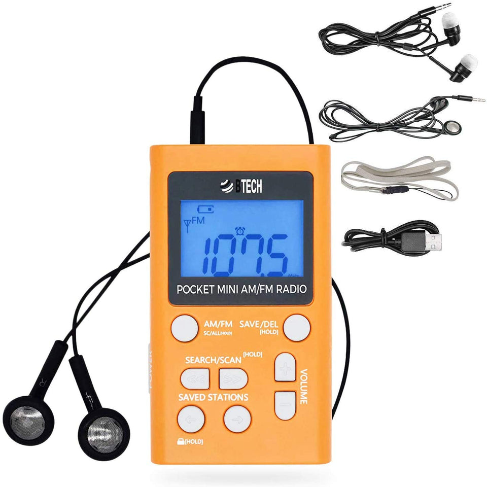 BTECH MPR-AF1 pocket radio with LCD display for easy AM/FM tuning.