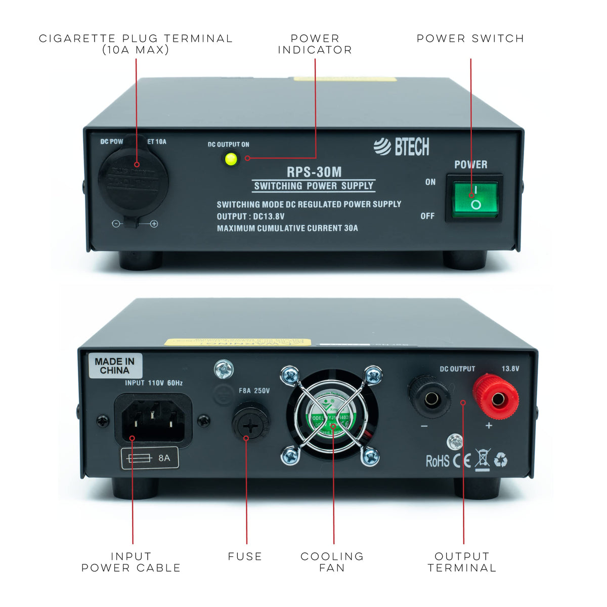 BTECH RPS-30M cigarette-plug output, ideal for mobile or vehicle setups.