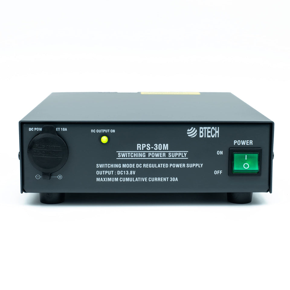 BTECH RPS-30M front view, compact bench power supply for 13.8V DC devices.