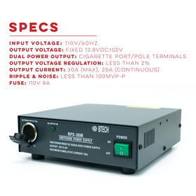BTECH RPS-30M side ports, versatile connections with cigarette plug and screw terminals.