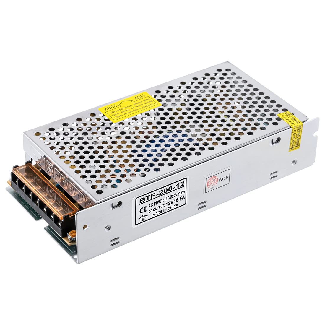 BTF-LIGHTING AC100-240V to DC12V 16.5A front view shows compact power supply for LED strips and cameras