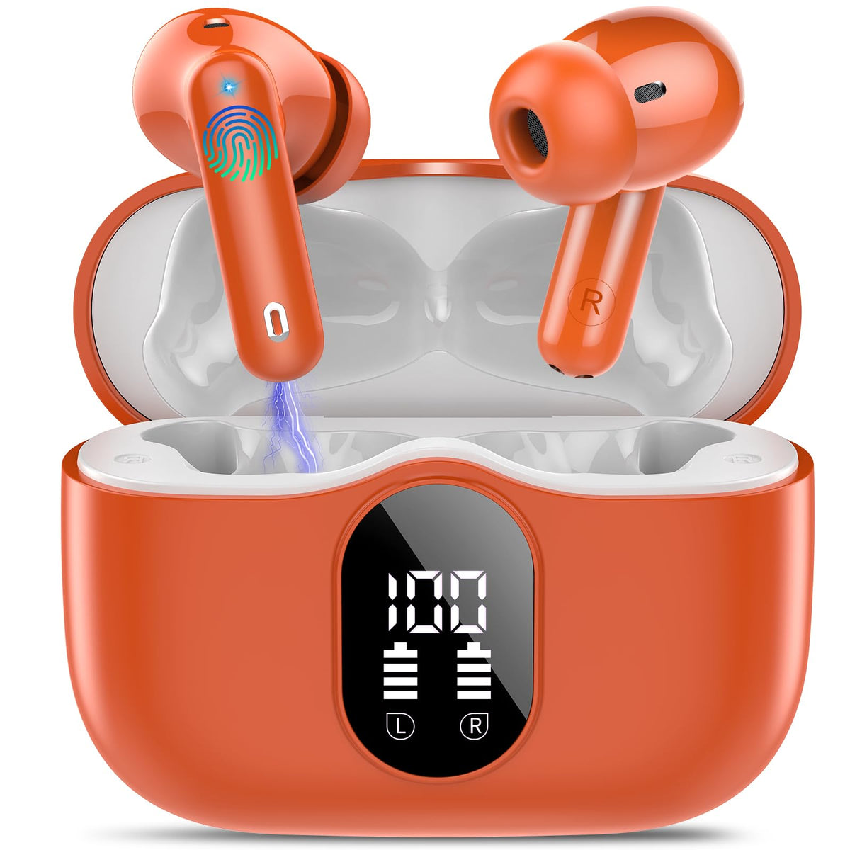 Btootos deep orange earbuds front packaging showing product and color, convenient daily carry