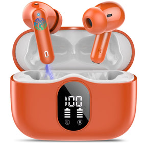 Btootos deep orange earbuds front packaging showing product and color, convenient daily carry