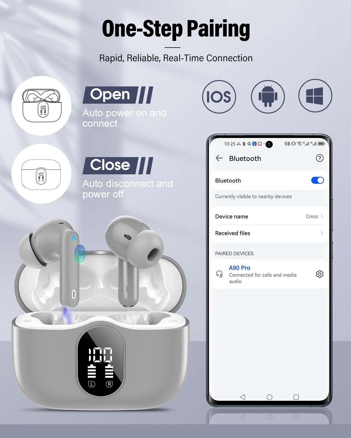 Btootos ear in use near a laptop for hands-free calls and seamless connectivity
