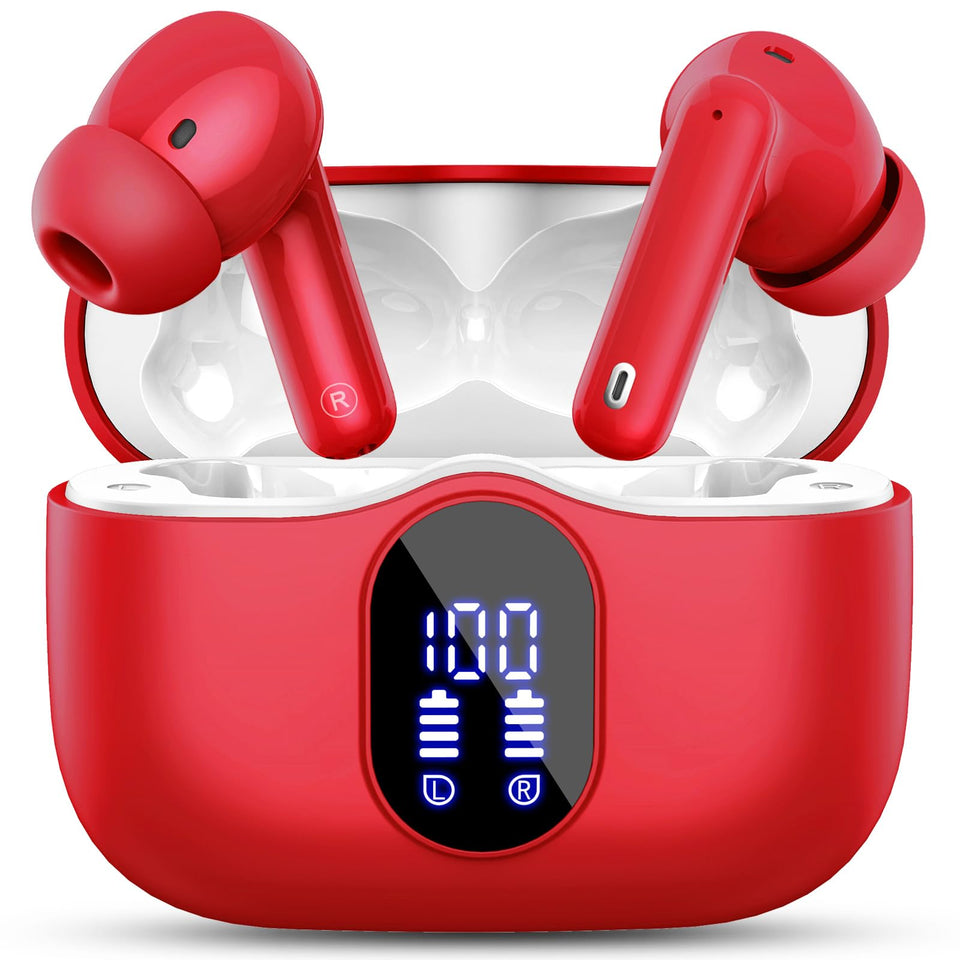 Btootos front view of red earbuds showing design and portability benefit