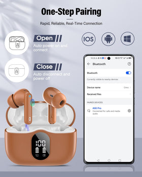 Btootos earbuds with included silicone tips and case laid out for accessory clarity