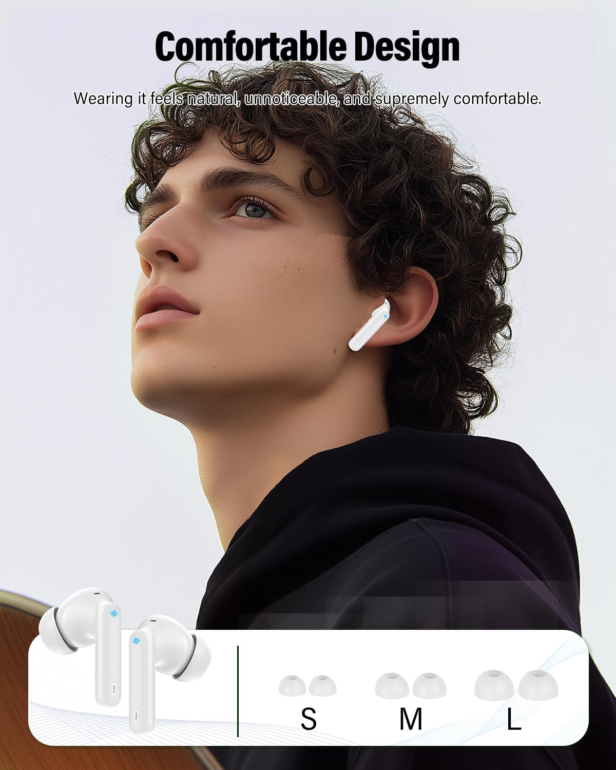 Btootos earbuds next to fingers to show scale and lightweight travel-friendly size