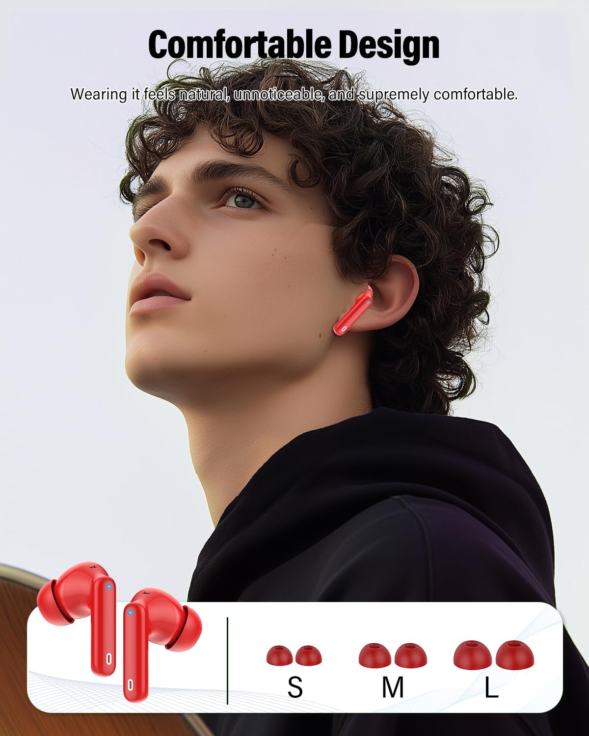 Btootos earbuds next to USB-C cable highlighting fast, reliable charging
