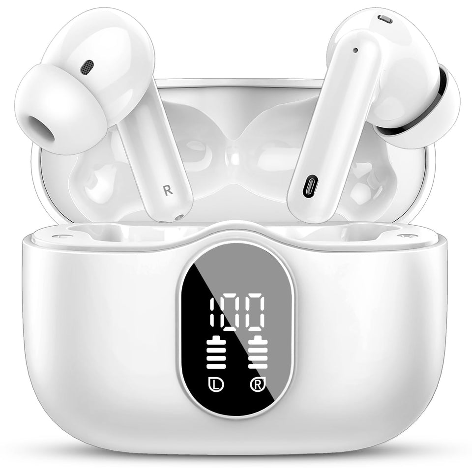 Btootos front view of charging case and earbuds showing compact design and portability