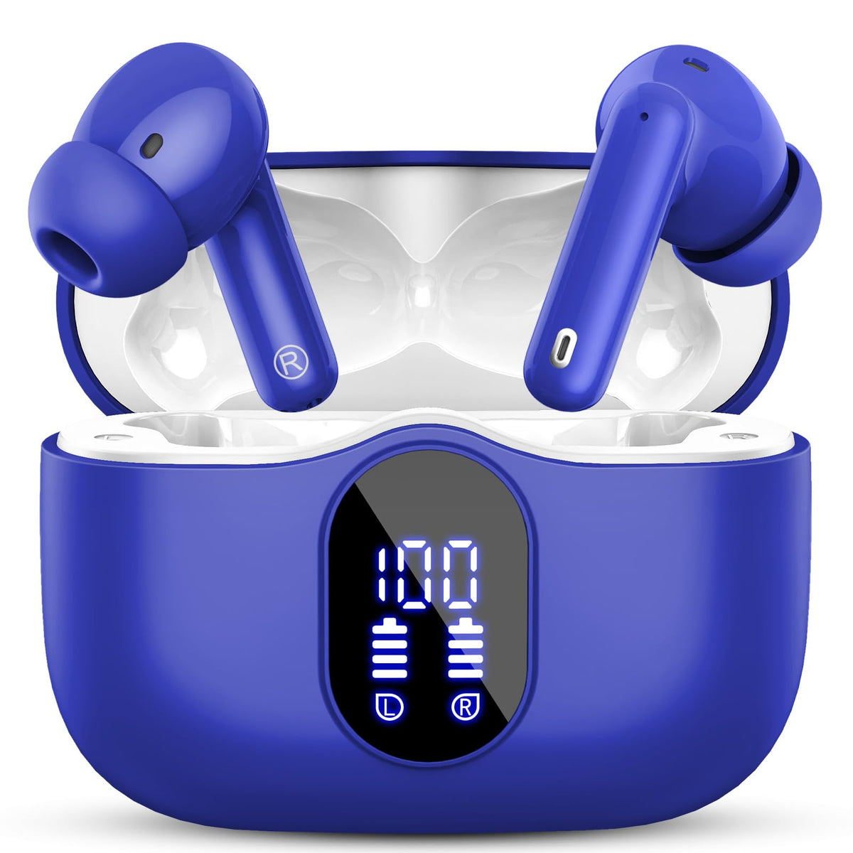 Btootos front packaging showing blue earbuds and case, highlights compact design