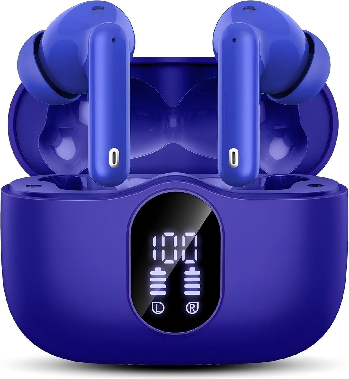 Btootos front view of dark blue earbuds and case showing compact travel-ready design