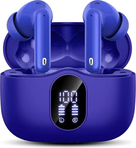Btootos front view of dark blue earbuds and case showing compact travel-ready design