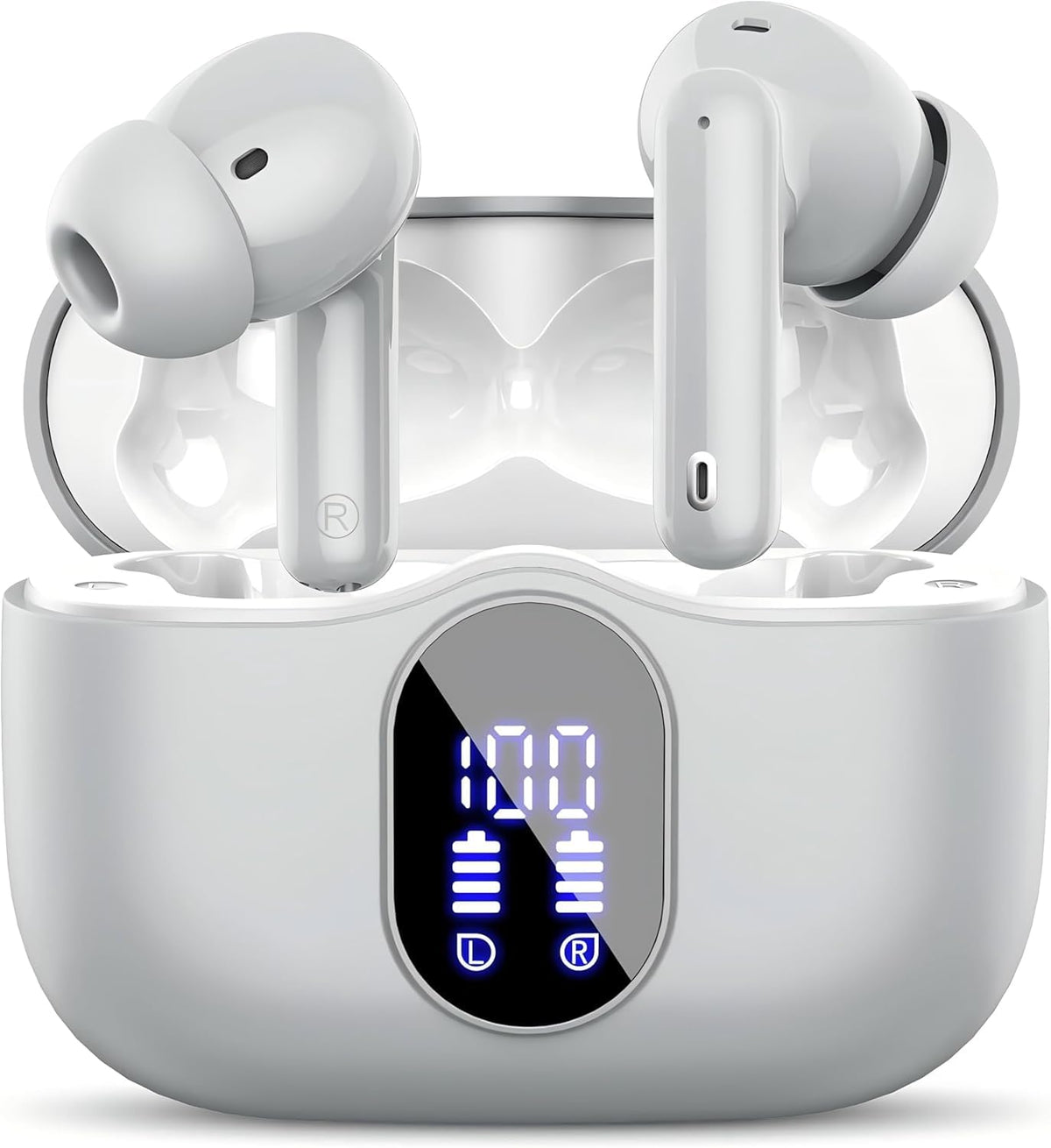 Btootos front packaging in graphite gray showing compact earbuds and carrying case benefit portability