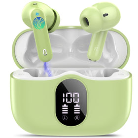 Btootos front view of grass green earbuds and charging case showing color and style, easy portability