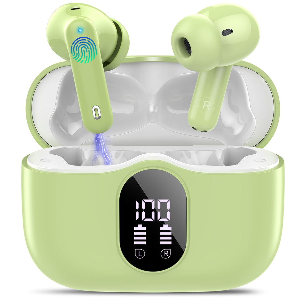 Btootos front view of grass green earbuds and charging case showing color and style, easy portability