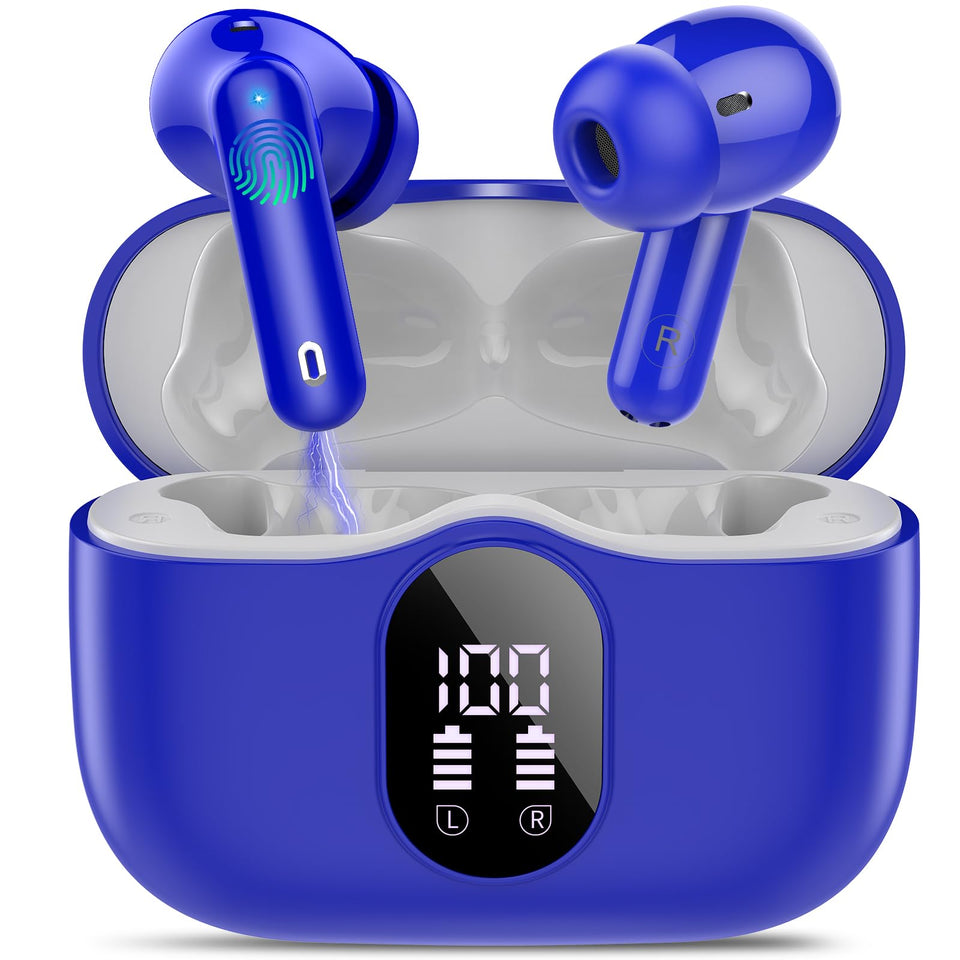 Btootos front packaging showing navy blue earbuds and benefits