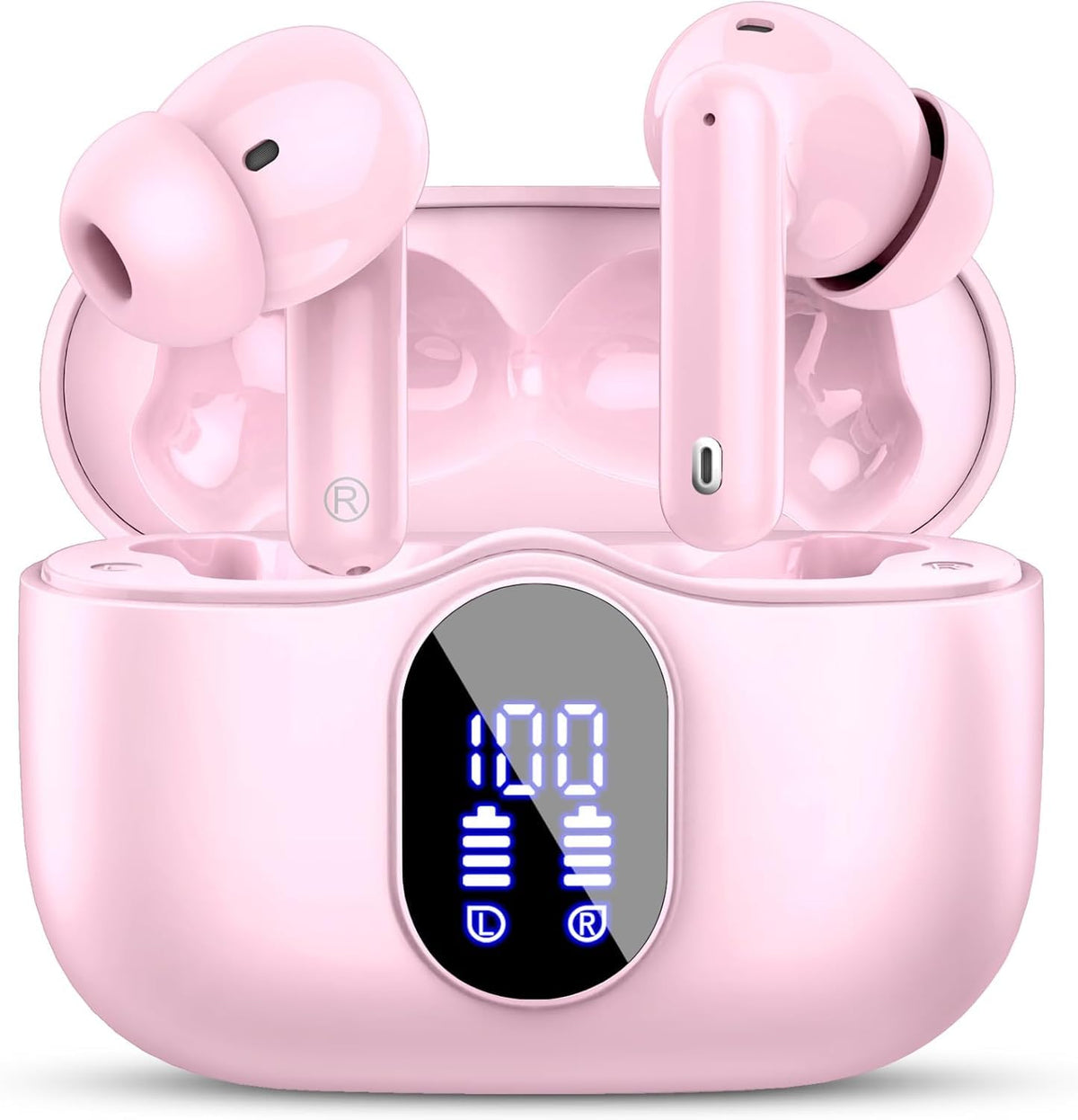 Btootos front view of pink earbuds and case showing sleek packaging and portability