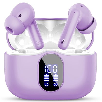 Btootos front packaging showing purple earbuds and case, highlights compact convenience