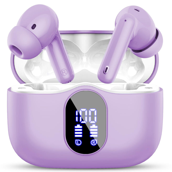 Btootos front packaging showing purple earbuds and case, highlights compact convenience