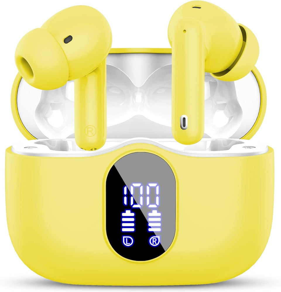 Btootos front packaging showing yellow earbuds and compact case, highlights portability