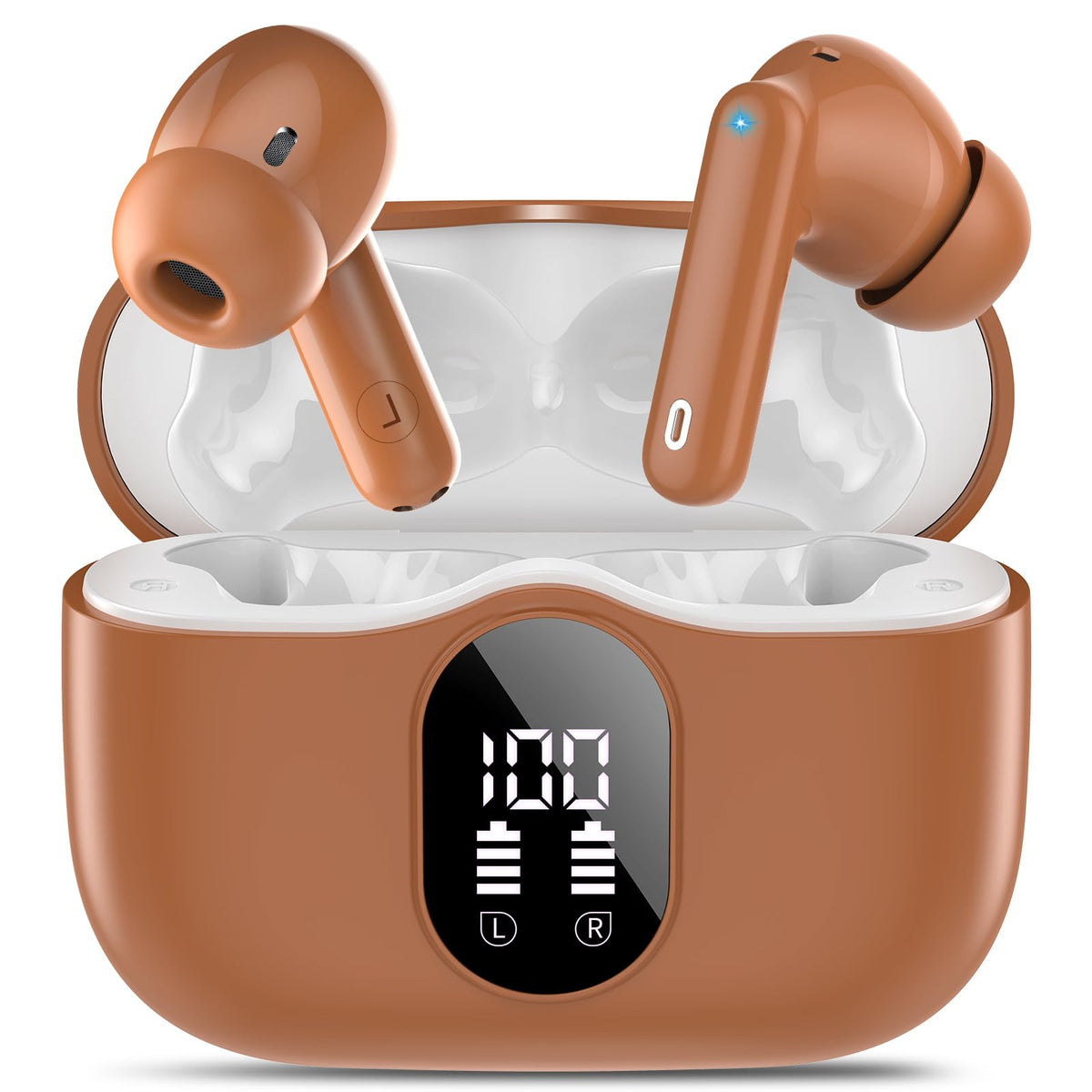 Btootos front view with charging case open showing earbuds and quick access benefit