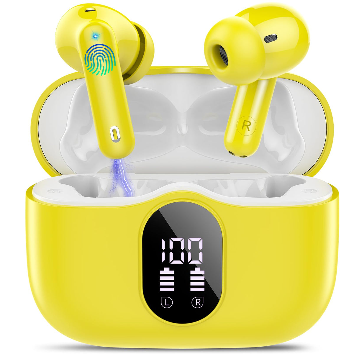 Btootos front view golden yellow showing compact case and earbuds for portable listening