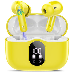 Btootos front view golden yellow showing compact case and earbuds for portable listening
