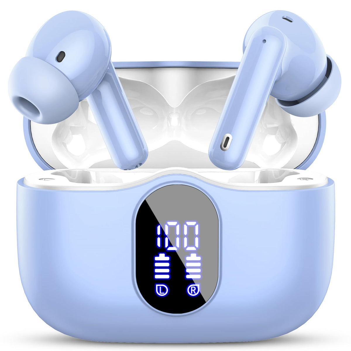 Btootos front view with pale blue case open showing earbuds and LED display for quick battery checks