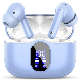 Btootos front view with pale blue case open showing earbuds and LED display for quick battery checks