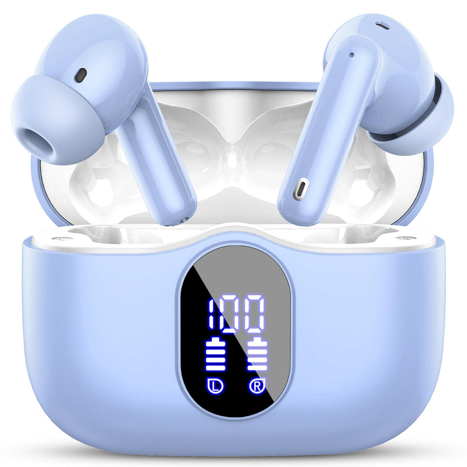 Btootos front view with pale blue case open showing earbuds and LED display for quick battery checks