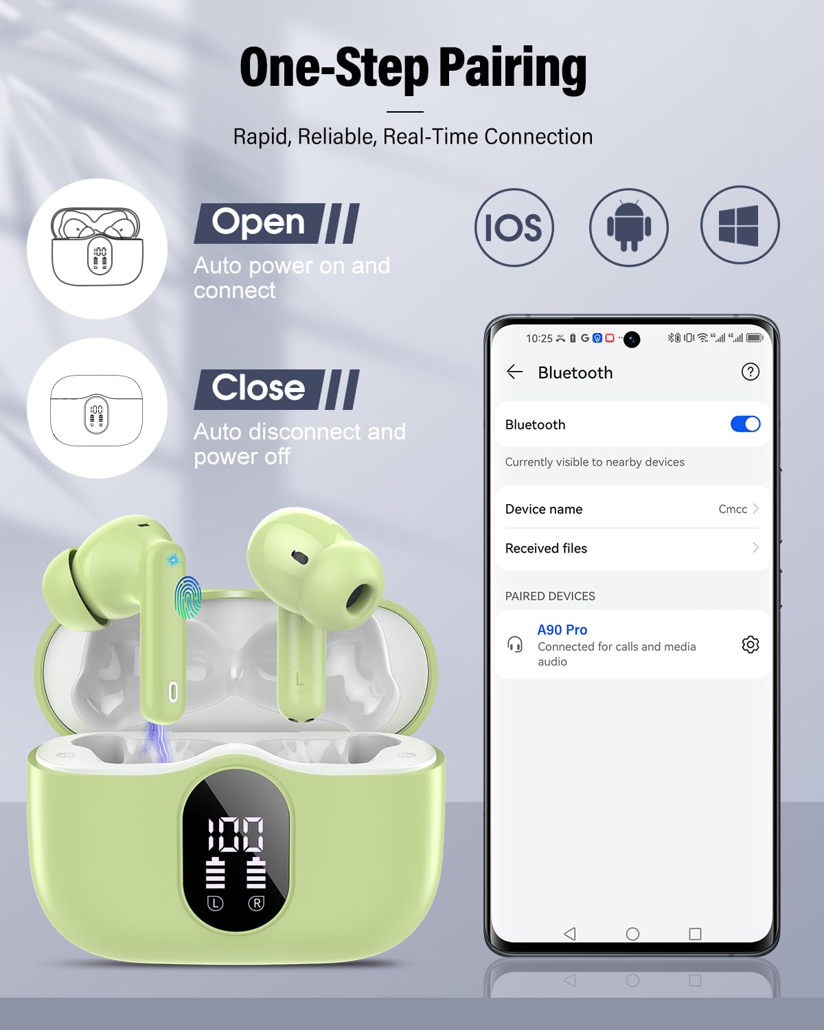 Btootos earbuds beside smartphone for size comparison, helps visualize compact scale and portability