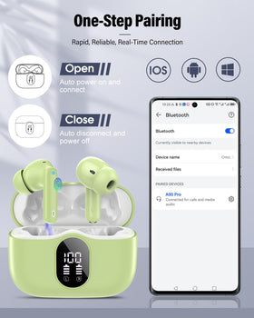 Btootos earbuds beside smartphone for size comparison, helps visualize compact scale and portability