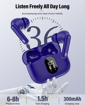 Btootos earbuds next to smartphone to show scale and easy pocket portability advantage