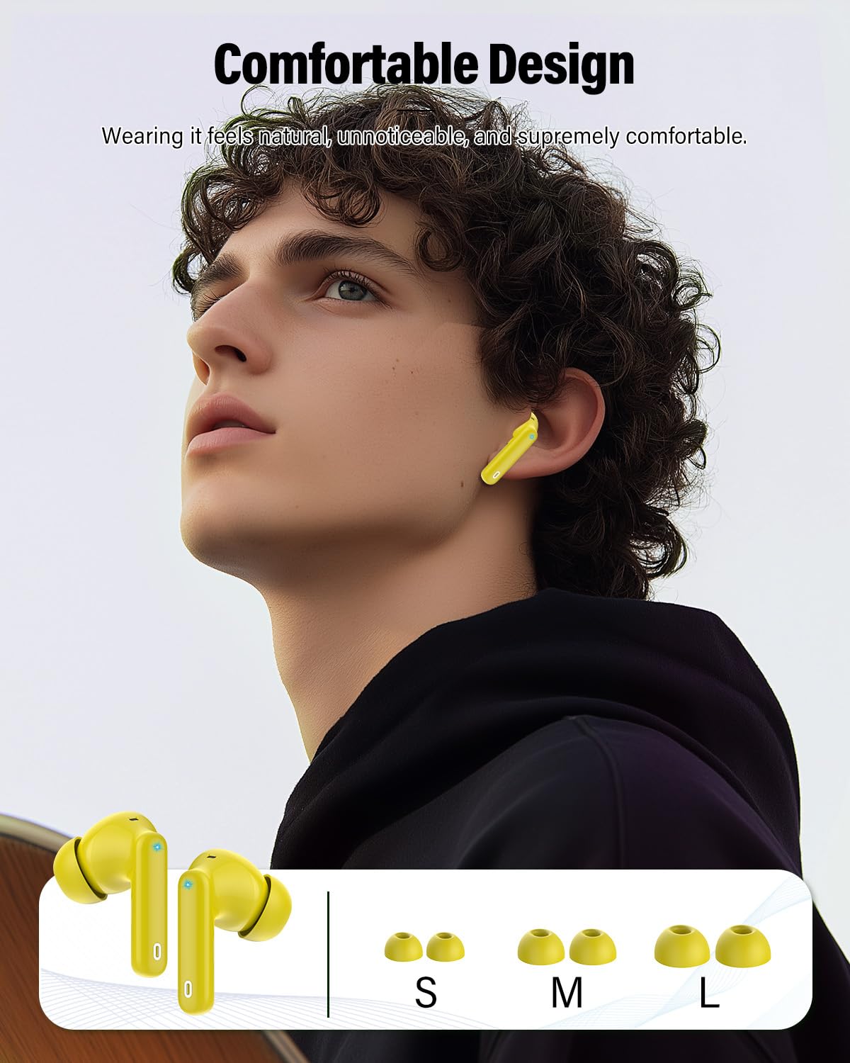 Btootos earbuds beside smartphone showing compact scale