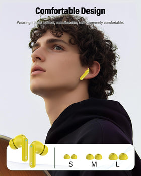 Btootos earbuds beside smartphone showing compact scale