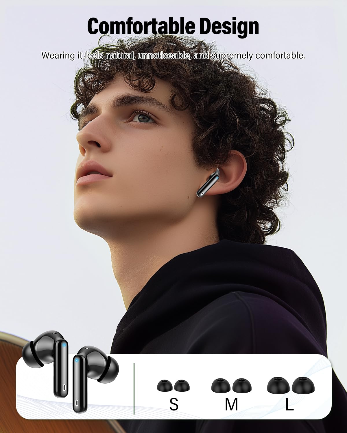 Btootos earbuds beside a smartphone for scale, compact portable size