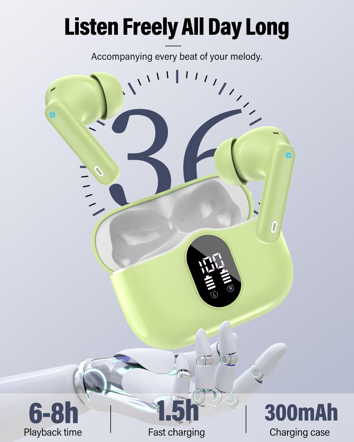 Btootos earbuds with rain splash, illustrates IP7 water resistance for outdoor and sweat-friendly use