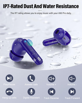 Btootos earbuds with water splashes demonstrating IP7 protection against rain and sweat