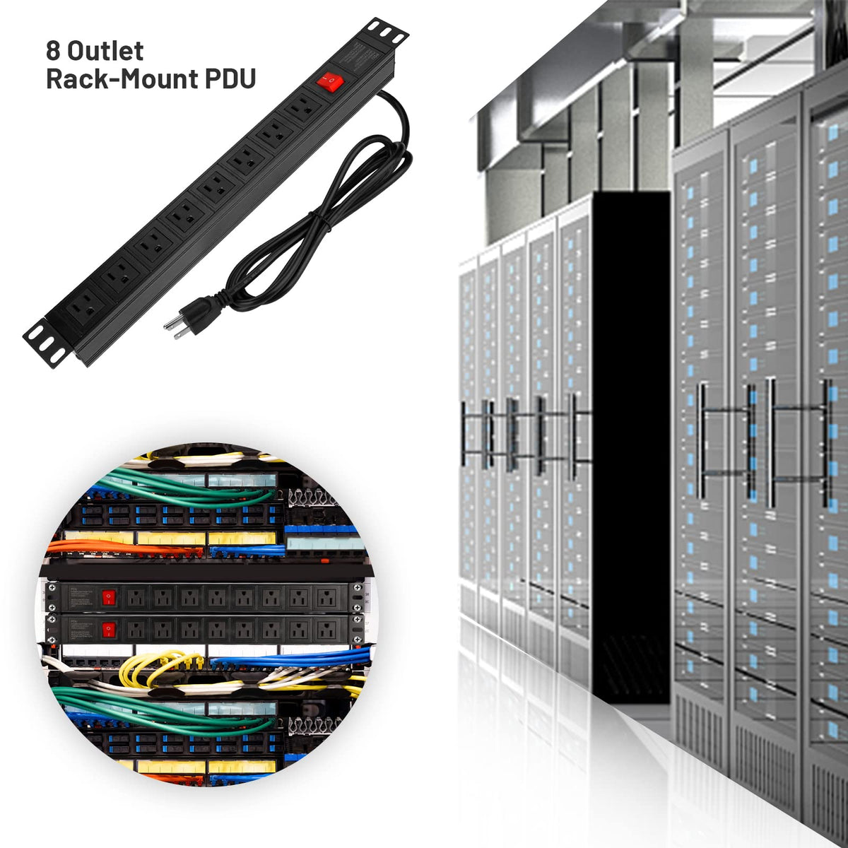 BTU six-foot cord and plug showing reach benefit for movable racks