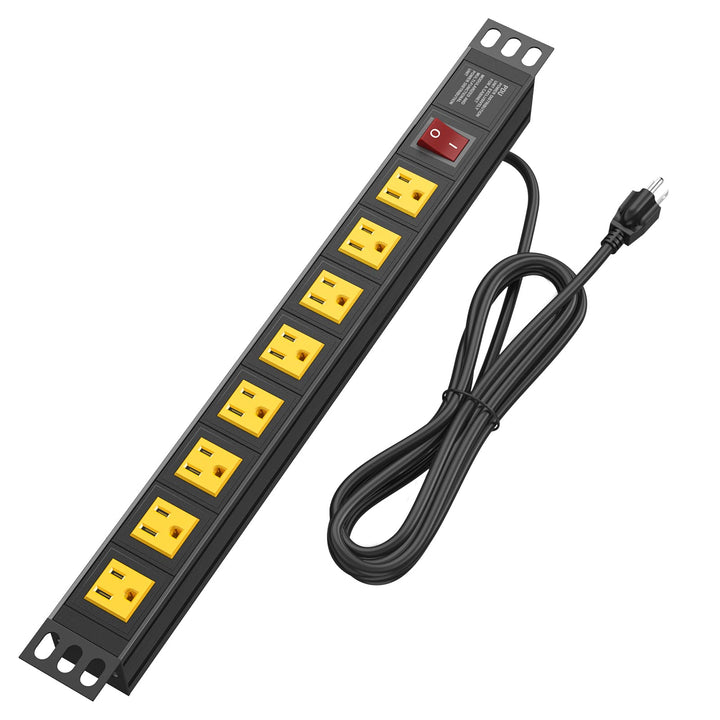 BTU front panel of rack-mount PDU showing eight right-angle outlets and mounting brackets for organized power