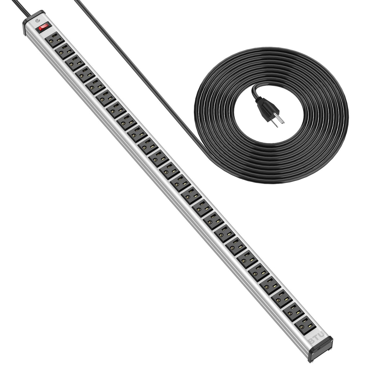 BTU front view of 24-outlet metal power strip showing many plugs benefit organization