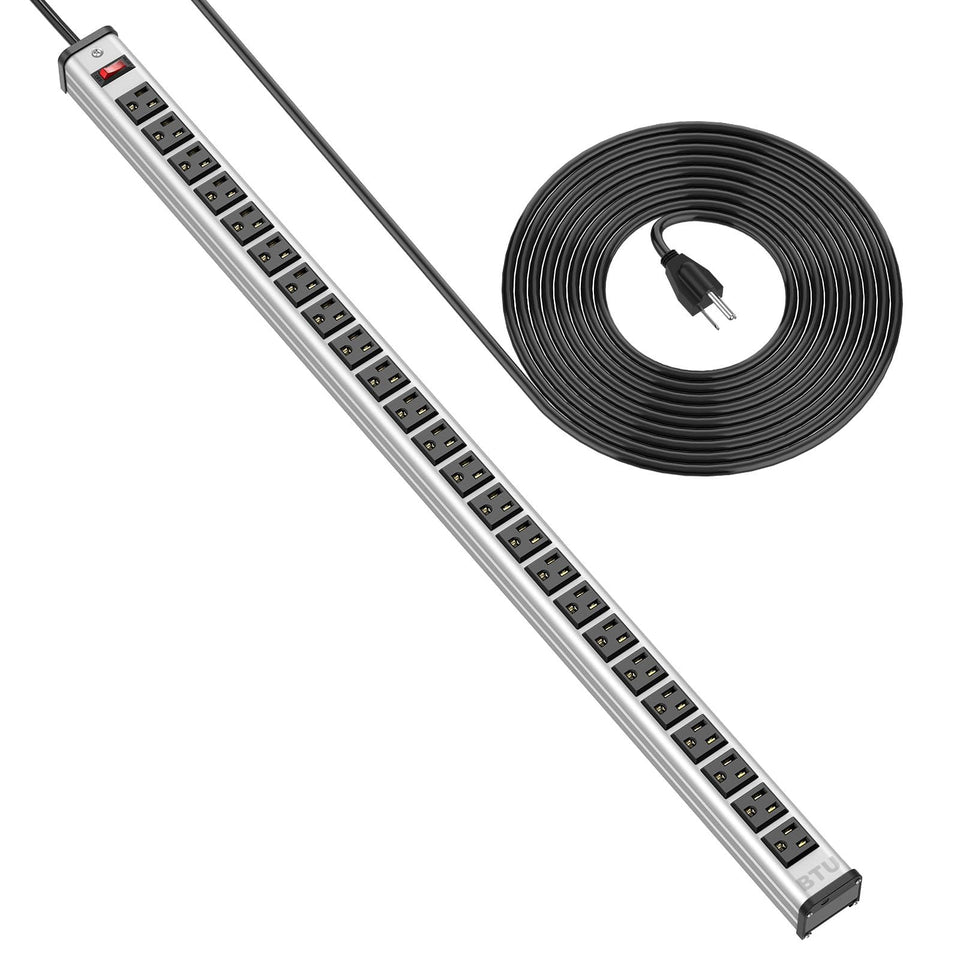 BTU front view of 24-outlet metal power strip showing many plugs benefit organization
