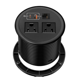 BTU front view of recessed desk outlet showing neat desktop access and organized charging